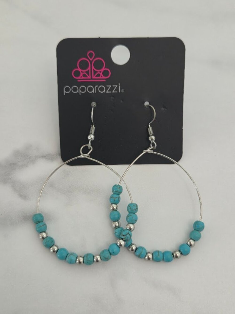 Casual Paparazzi Silver Tone Hoop Earrings with Turquoise Style Beads - Picture 2 of 10